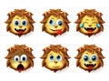 Emoji lion vector set. Lion animals emoji in happy and crazy facial expression.