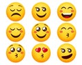 Emoji in love smileys vector set. Emoticons smiley characters in blushing, smiling and kissing face expression for emojis love. Royalty Free Stock Photo
