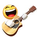 Emoji playing guitar isolated on white background, emoticon guitarist 3d rendering