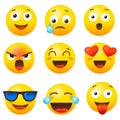 Emoji reaction set. Emoticon icon, emoticons emojis media, social chat message mood smile, emotion face smiles reactions