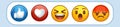 Emoji reactions. Thumb up Like, Love heart, Haha laughing, Wow surprised emoticon, Sad crying and Angry flushed face cartoon set