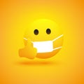 Emoji - Simple Serious Looking Emoticon Showing Thumbs Up and Wearing Medical Mask - Vector Design on Yellow Background Royalty Free Stock Photo