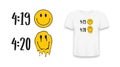 Emoji smile that melts and dripping in 4:20 marijuana smoking time. T-shirt design with trippy smile. Tee shirt and apparel print