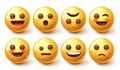 Emoji smiley characters vector set. Smileys 3d yellow face graphic design with facial mood expression isolated in white background