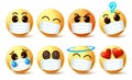 Emoji smiley with covid-19 face mask vector set. Emoji smiley with facial expressions wearing facemask Royalty Free Stock Photo