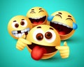 Emoji smiley funny friends taking selfie vector characters. Smiley emoji of friendship emoticon