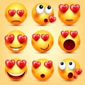 Emoji Smiley With Red Heart Vector Set. Valentines Day Yellow Cartoon Emoticons Face. Love Feeling Expression.