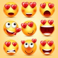 Emoji Smiley With Red Heart Vector Set. Valentines Day Yellow Cartoon Emoticons Face. Love Feeling Expression.