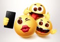 Emoji smiley selfie friends taking groupie vector characters. Royalty Free Stock Photo