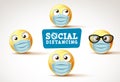 Emoji smiley social distance with face mask vector signage Royalty Free Stock Photo