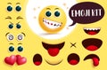 Emoji smiley vector create kit. Yellow smiley face emoji and emoticon with editable eyes and mouth to create.