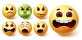 Emoji smiley vector set. Smileys yellow emoji face in different weird facial expressions Royalty Free Stock Photo