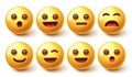 Emoji smileys character vector set. Emoticon cute yellow smileys isolated in white background with facial emotions for graphic. Royalty Free Stock Photo