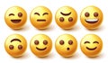 Emoji smileys character vector set. Emoticon cute yellow smileys isolated in white background with facial emotions for graphic. Royalty Free Stock Photo