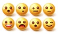 Emoji smileys character vector set. Smiley 3d emoticon in happy and surprised facial expression isolated in white background. Royalty Free Stock Photo