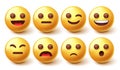 Emoji smileys character vector set. Smiley emoticon collection with graphic facial expression isolated in white background. Royalty Free Stock Photo