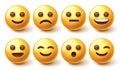 Emoji smileys character vector set. Smiley yellow emoticon happy, sad, fun and cute face collection isolated in white background. Royalty Free Stock Photo