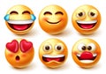Emoji smileys characters vector set. Emoticon 3d smiley icon with laughing, smiling, funny and upset mood facial expressions.