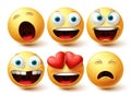 Emoji smileys happy vector set. Smileys emoticon happy, in love and sleepy face collection