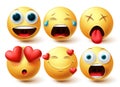 Emoji smileys in love face vector set. Smileys emoticon happy, in love and amaze facial expressions Royalty Free Stock Photo