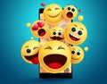 Emoji smileys in mobile phone vector concept. Smiley emojis yellow face emoticons in social media mobile phone. Royalty Free Stock Photo