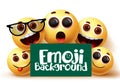 Emoji smileys vector background. Emojis emoticons in happy and funny facial expressions