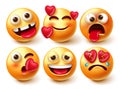 Emoji smileys vector character set. Smiley 3d emoticon with crazy, in love, broken and weird face icon expression isolated.