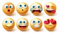 Emoji smileys vector set. Smiley 3d character emojis in happy and sad facial expressions isolated in white background for cute. Royalty Free Stock Photo