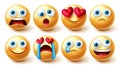 Emoji smileys vector set. Smiley 3d emoticons in shocked, funny and sad broken hearted graphic 3d design for cute and crazy.