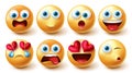 Emoji smileys vector set. Smiley emoticon characters with cute, funny and happy facial expressions in yellow icon for face. Royalty Free Stock Photo