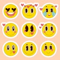 Emoji stickers set 80s style. Vector flat illustration. Emotions love Royalty Free Stock Photo