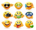 Emoji summer emoticon vector set. Emojis characters with summer elements of juice, fruits and floater for tropical season cute.