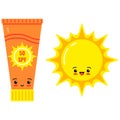 Emoji sunscreen bottle and cute sun vector icon isolated on white background.