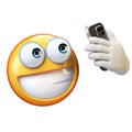 Emoji taking selfie, Emoticon holding mobile phone on white background, 3d rendering