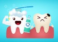 Emoji teeth vector design. Dental emojis in white, clean and brushing with yellow cavity tooth decay for oral health care hygiene.