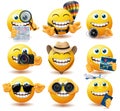 Emoji travel smiley vector set. Emoticon travelling characters with map, compass and hat explore and adventure elements.