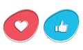 Emoji trumb up and like reactions. Hand and heard icon for social media in flat style. Emoticon good reaction in message