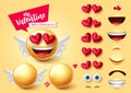 Emoji valentine creator vector set. Smiley 3d cupid emojis character kit with wings and editable face parts like hearts eyes. Royalty Free Stock Photo