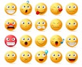 Emoji vector icon set. Smiley face or yellow emoticons with various facial expression