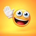 Emoji waving with one hand isolated on yellow background, good bye emoticon 3d rendering Royalty Free Stock Photo