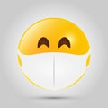 Emoji with white mouth mask. Yellow emoji icon on grey template. Vector illustration