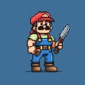 Pixel Art Plumber: Mario Hacker With Knife On Blue Background