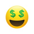 Emoji yellow smiley face with dollar symbol eyes Royalty Free Stock Photo