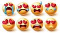 Emojis broken hearted vector set. Smiley characters in sad, crying and broken hearts yellow faces reaction and expressions.