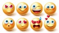 Emojis character vector set. Smileys emoji 3d in happy and inlove facial reactions and expression isolated in white background. Royalty Free Stock Photo