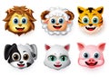 Emojis and emoticons animal happy face vector set. Animal emoji face of lion, lamb, tiger, dog, cat and pig character. Royalty Free Stock Photo