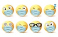 Emojis face mask vector emoticon set. Emoji faces with covid-19 face mask and facial expressions