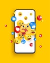 Emojis jumping of a Smartphone vector illustration. Technology, communication, social media design concept.