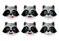 Emojis raccoon face vector set. Raccoons emoticon animal faces