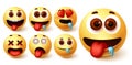 Emojis smiley emoticon vector set. Emoji avatar character face in hungry, silly